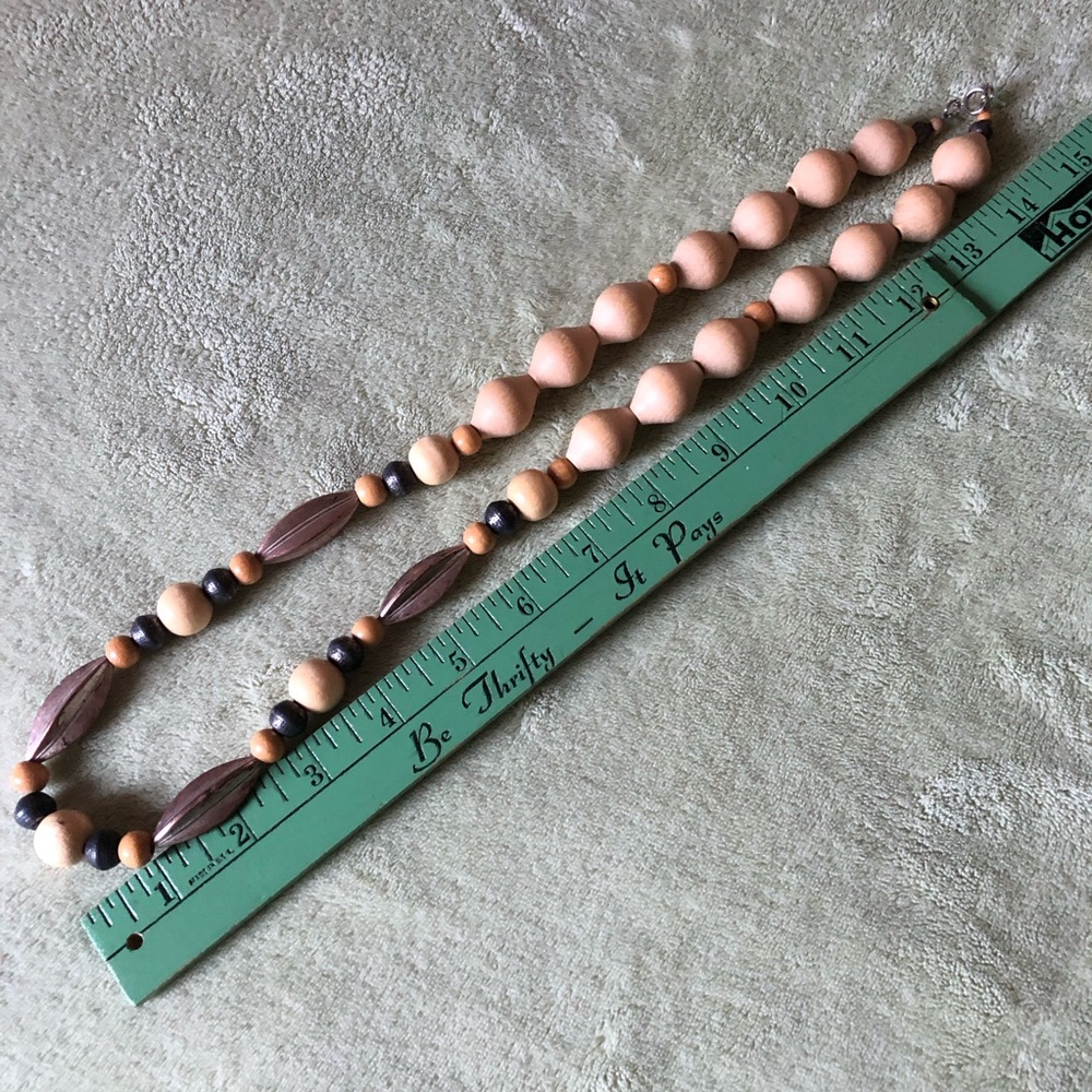 Wood necklace bracelet earrings 4 piece bundle natural cream tan Vintage silver - Picture 9 of 13